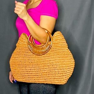 Brown Wicker Purse Handbag w/Bamboo Handles.